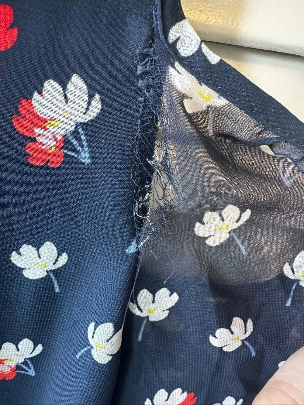 Women’s  Navy Cold-Shoulder‎ Floral Print Dress cut out shoulders sheer sleeves.
